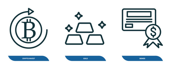 Poster - set of 3 linear icons from cryptocurrency concept. outline icons such as crypto invest, gold, bonds vector