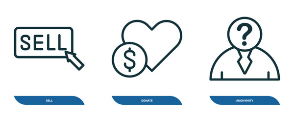 Poster - set of 3 linear icons from blockchain concept. outline icons such as sell, donate, anonymity vector