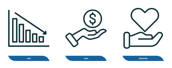 Poster - set of 3 linear icons from cryptocurrency concept. outline icons such as loss, loan, donation vector