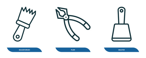 Poster - set of 3 linear icons from construction tools concept. outline icons such as builder brush, plier, bolster vector