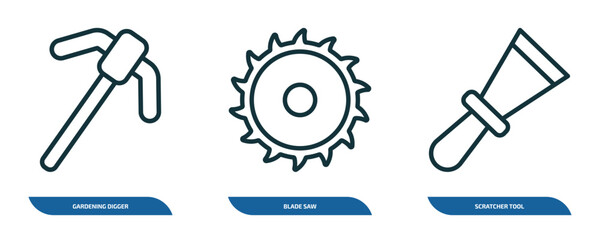 Poster - set of 3 linear icons from construction tools concept. outline icons such as gardening digger, blade saw, scratcher tool vector