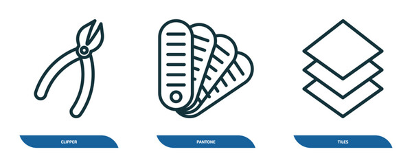 Poster - set of 3 linear icons from construction tools concept. outline icons such as clipper, pantone, tiles vector