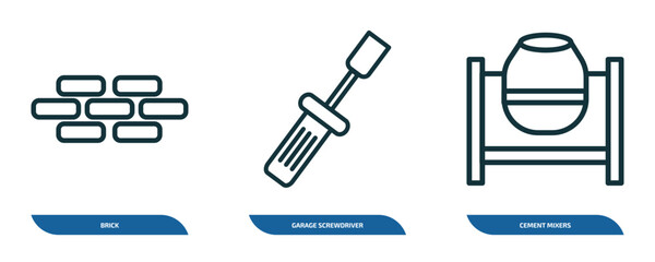 Poster - set of 3 linear icons from construction tools concept. outline icons such as brick, garage screwdriver, cement mixers vector