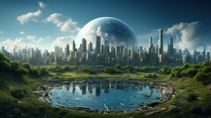 Wall Mural - symbolic 3d image of the globe with elements of human activity and nature landscape. eliminate waste