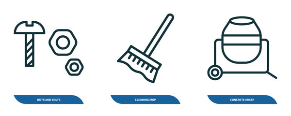 Poster - set of 3 linear icons from construction tools concept. outline icons such as nuts and bolts, cleaning mop, concrete mixer vector