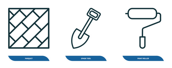 Poster - set of 3 linear icons from construction tools concept. outline icons such as parquet, spade tool, paint roller vector