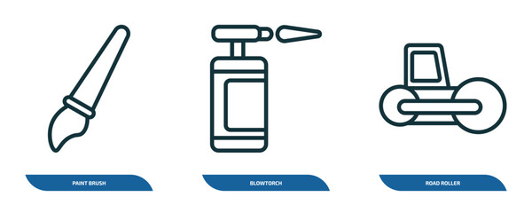 Poster - set of 3 linear icons from construction tools concept. outline icons such as paint brush, blowtorch, road roller vector