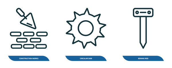 Poster - set of 3 linear icons from construction tools concept. outline icons such as construction works, circular saw, boning rod vector