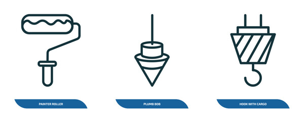 Poster - set of 3 linear icons from construction tools concept. outline icons such as painter roller, plumb bob, hook with cargo vector