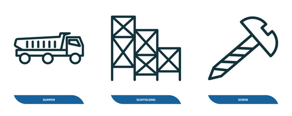 Poster - set of 3 linear icons from construction tools concept. outline icons such as dumper, scaffolding, screw vector