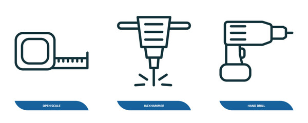 Poster - set of 3 linear icons from construction tools concept. outline icons such as open scale, jackhammer, hand drill vector