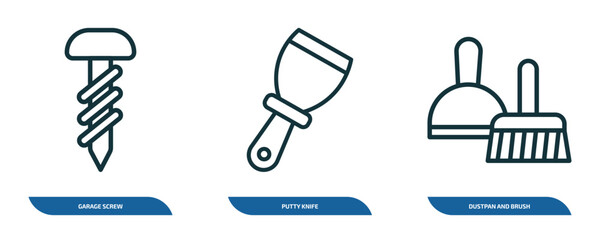 Poster - set of 3 linear icons from construction tools concept. outline icons such as garage screw, putty knife, dustpan and brush vector