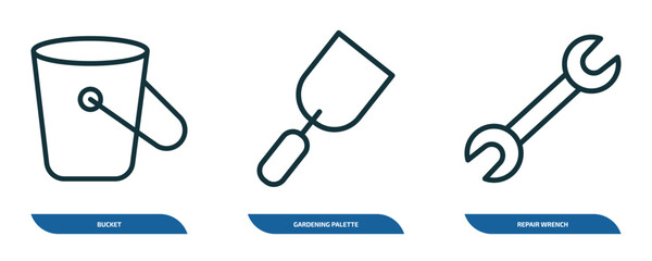 Poster - set of 3 linear icons from construction tools concept. outline icons such as bucket, gardening palette, repair wrench vector
