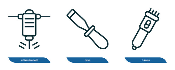 Poster - set of 3 linear icons from construction concept. outline icons such as hydraulic breaker, chisel, clippers vector