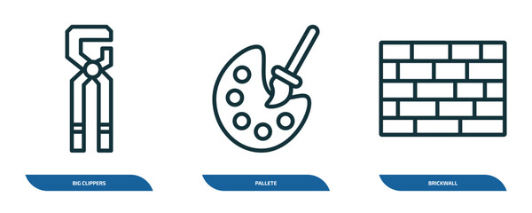 Poster - set of 3 linear icons from construction concept. outline icons such as big clippers, pallete, brickw