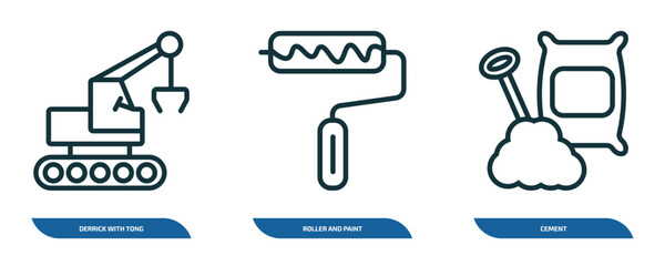 Poster - set of 3 linear icons from construction concept. outline icons such as derrick with tong, roller and