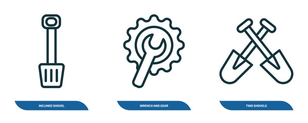 Poster - set of 3 linear icons from construction concept. outline icons such as inclined shovel, wrench and gear, two shovels vector