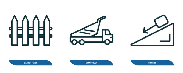 Poster - set of 3 linear icons from construction concept. outline icons such as garden fence, dump truck, inc