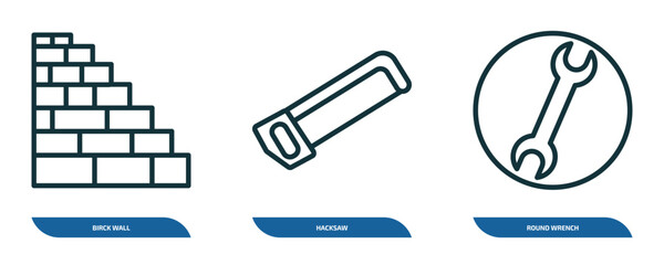 Poster - set of 3 linear icons from construction concept. outline icons such as birck wall, hacksaw, round wrench vector
