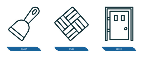 Poster - set of 3 linear icons from construction concept. outline icons such as scraper, paver, big door vect