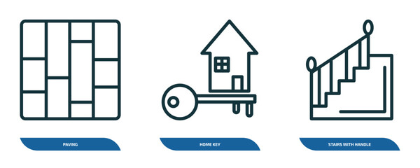 Poster - set of 3 linear icons from construction concept. outline icons such as paving, home key, stairs with handle vector