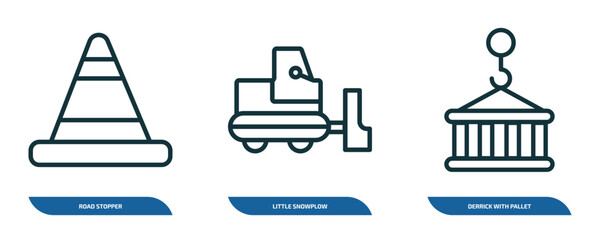 Poster - set of 3 linear icons from construction concept. outline icons such as road stopper, little snowplow