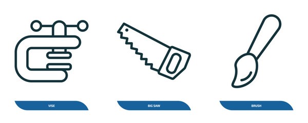 Poster - set of 3 linear icons from construction concept. outline icons such as vise, big saw, brush vector