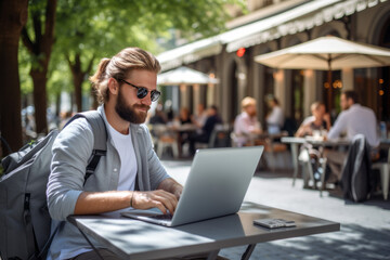 Happy young man using laptop computer sitting outdoor. Smiling guy student or professional looking away in city cafe elearning, hybrid working, searching job online. Copy space