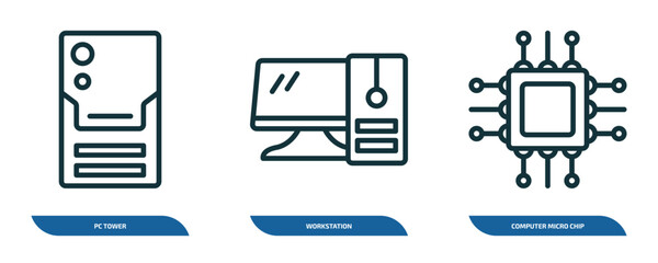 Fototapete - set of 3 linear icons from computer concept. outline icons such as pc tower, workstation, computer micro chip vector