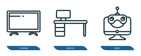 Poster - set of 3 linear icons from computer concept. outline icons such as televisions, boss office, robotic vector