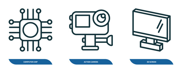 Poster - set of 3 linear icons from computer concept. outline icons such as computer chip, action camera, 3d screen vector