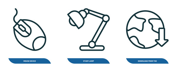 Fototapete - set of 3 linear icons from collection. thin linear concept. outline icons such as mouse device, study lamp, download from the net vector
