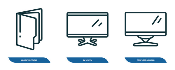 Poster - set of 3 linear icons from computer concept. outline icons such as computer folder, tv screen, computer monitor vector