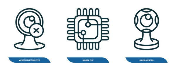 Poster - set of 3 linear icons from computer concept. outline icons such as webcam disconnected, square chip, round webcam vector
