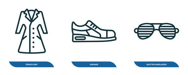 Poster - set of 3 linear icons from clothes concept. outline icons such as trench coat, sneaker, shutter sunglasses vector