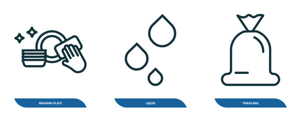 Poster - set of 3 linear icons from cleaning concept. outline icons such as washing plate, liquid, trash bag vector