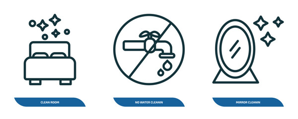 Poster - set of 3 linear icons from cleaning concept. outline icons such as clean room, no water cleanin, mirror cleanin vector