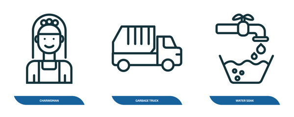 Poster - set of 3 linear icons from cleaning concept. outline icons such as charwoman, garbage truck, water soak vector