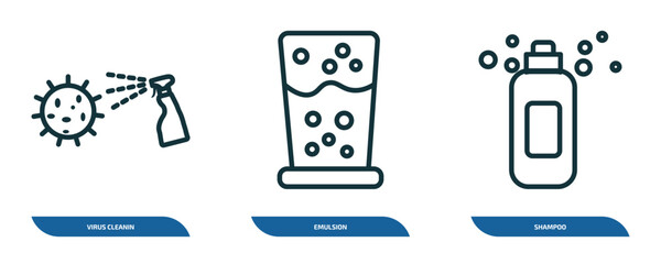 Poster - set of 3 linear icons from cleaning concept. outline icons such as virus cleanin, emulsion, shampoo vector