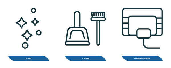 Poster - set of 3 linear icons from cleaning concept. outline icons such as clean, dustpan, compress cleanin vector