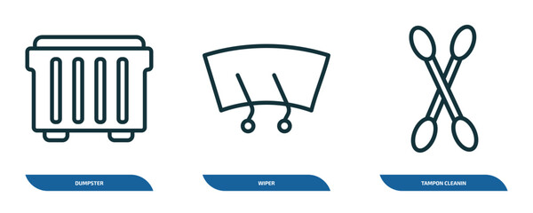 Poster - set of 3 linear icons from cleaning concept. outline icons such as dumpster, wiper, tampon cleanin vector