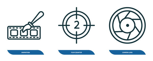 Poster - set of 3 linear icons from cinema concept. outline icons such as animation, film counter, camera lens vector