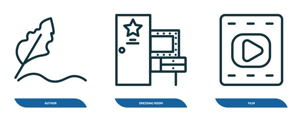 Poster - set of 3 linear icons from cinema concept. outline icons such as author, dressing room, film vector