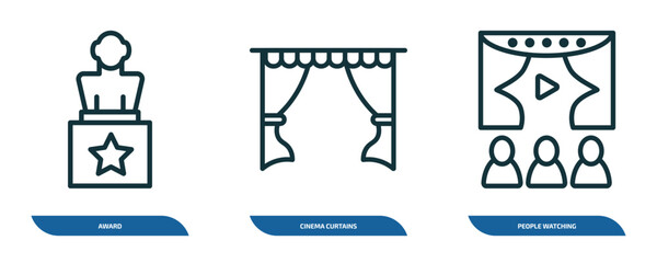 Poster - set of 3 linear icons from cinema concept. outline icons such as award, cinema curtains, people watching a movie vector