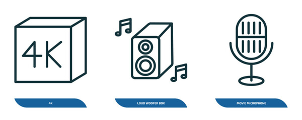 Poster - set of 3 linear icons from cinema concept. outline icons such as 4k, loud woofer box, movie microphone vector