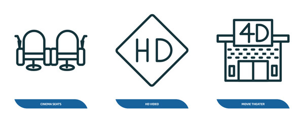 Poster - set of 3 linear icons from cinema concept. outline icons such as cinema seats, hd video, movie theater vector