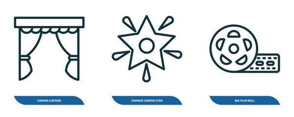 Poster - set of 3 linear icons from cinema concept. outline icons such as cinema curtain, famous cinema star, big film roll vector