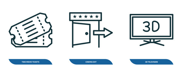 Poster - set of 3 linear icons from cinema concept. outline icons such as two movie tickets, cinema exit, 3d television vector