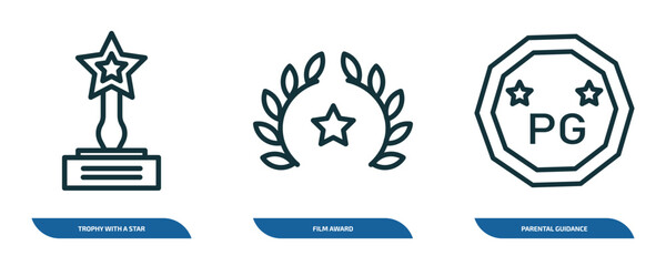 Poster - set of 3 linear icons from cinema concept. outline icons such as trophy with a star, film award, parental guidance vector