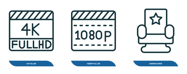 Poster - set of 3 linear icons from cinema concept. outline icons such as 4k fullhd, 1080p full hd, cinema chair vector